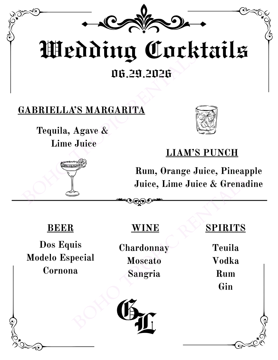 Old School Romance Wedding cocktail menu with date, drink options, and illustrated glasses, in black and white with decorative borders.
