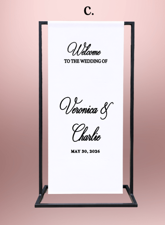 Custom wedding fabric welcome sign in San Diego with personalized names and wedding date, elegant wedding entrance décor for ceremonies, receptions, and special events.