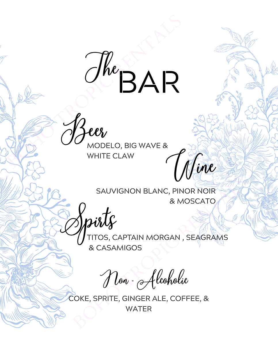 Menu featuring sections for Beer, Wine, Spirits, and Non-Alcoholic drinks with blue floral design borders.