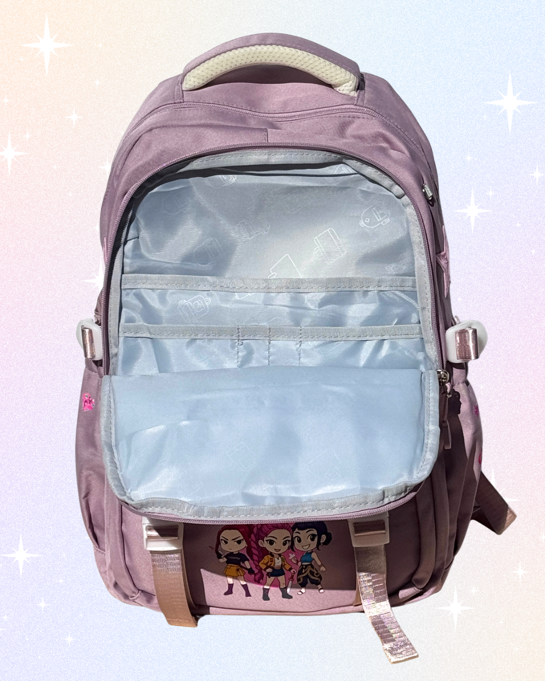 Huntrix girls dusky pink K-Pop Demon Hunters school backpack with laptop compartment, anti-theft back pocket, and multiple storage pockets.