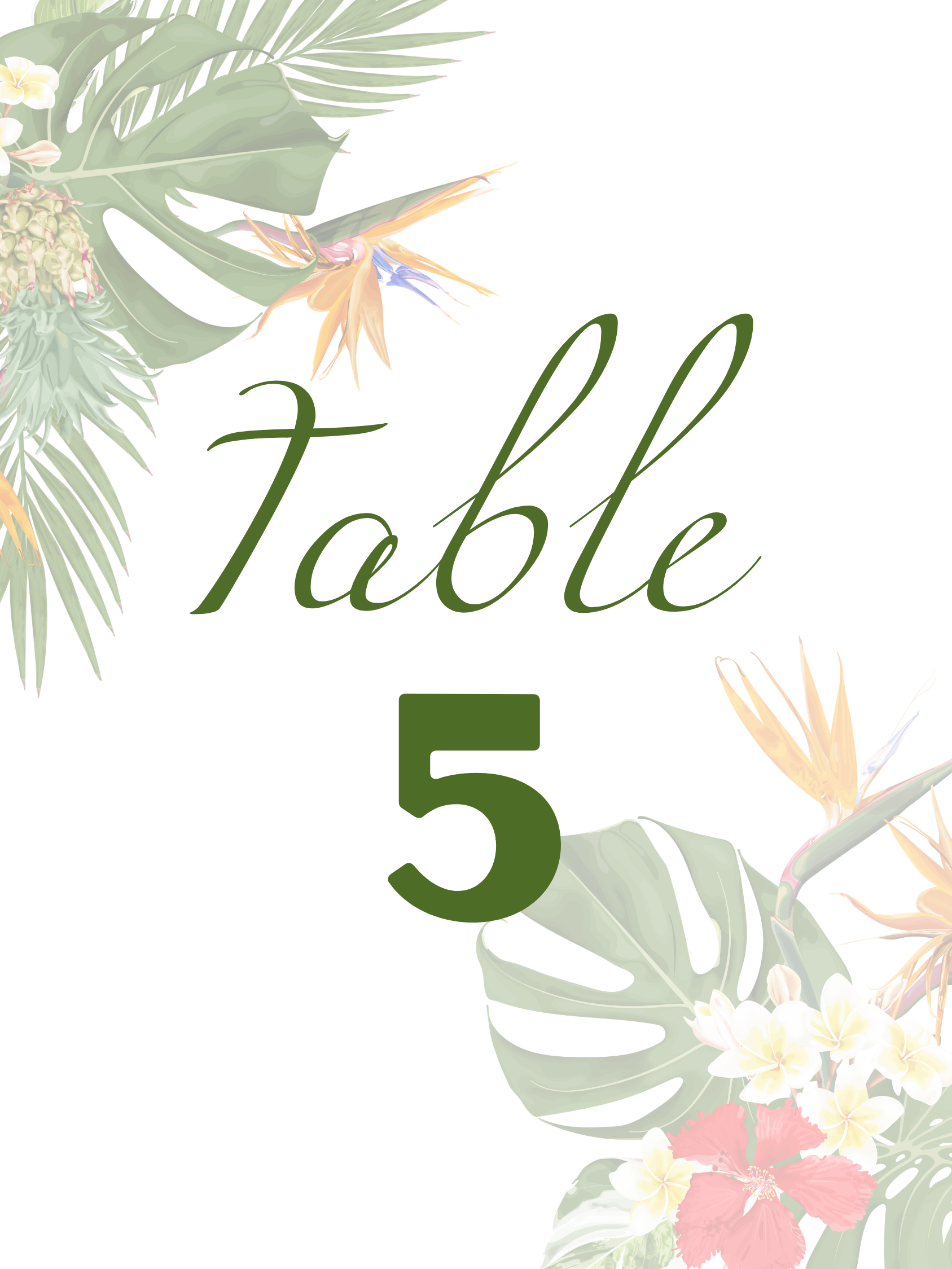 Birds of Paradise wedding table number printed on premium 110lb cardstock with vibrant tropical florals, displayed in a wooden block holder, perfect for a San Diego beach or garden wedding.