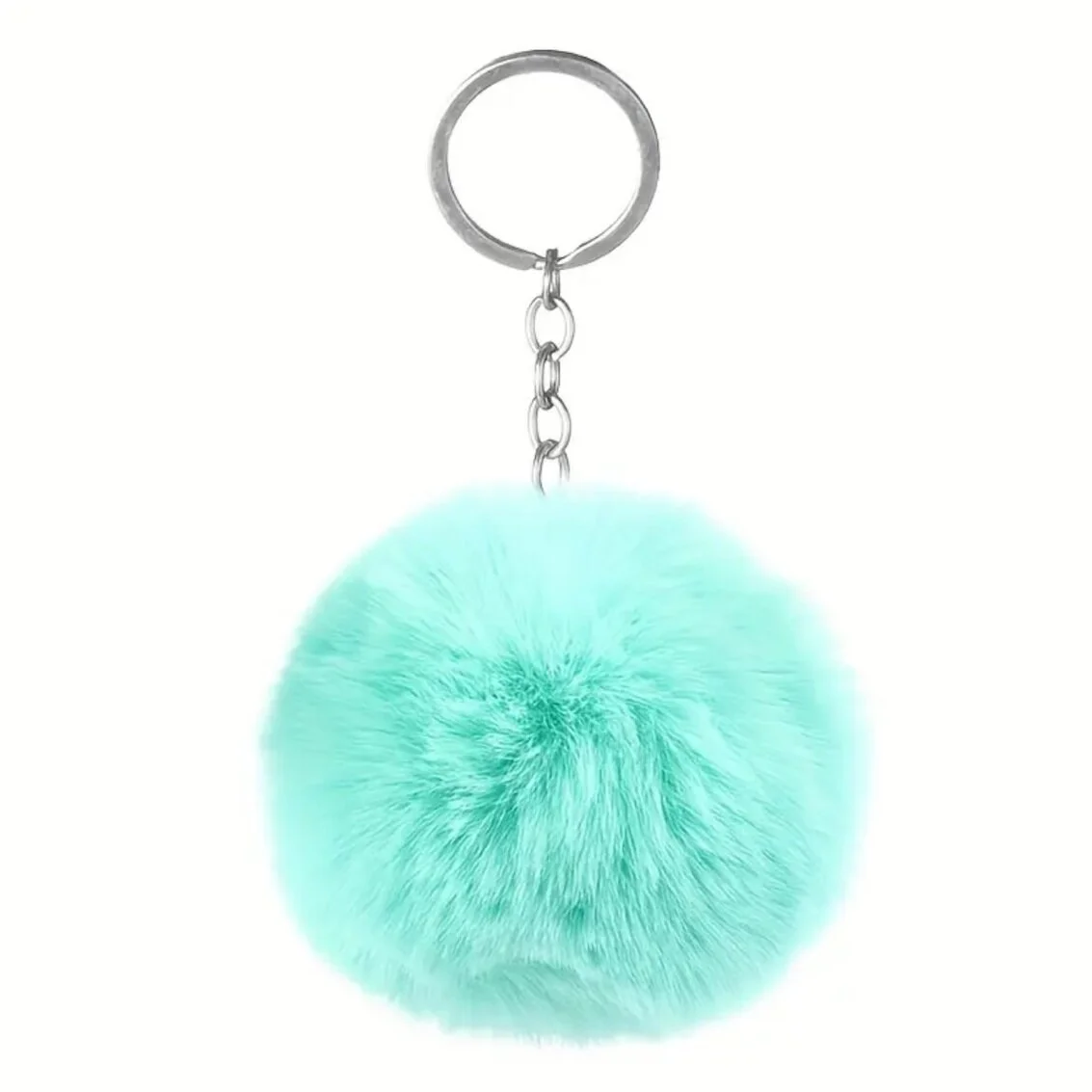 Teal Soft fuzzy pom-pom keychain attached to a metal key ring, serving as a cute bag charm, backpack accessory, or gift item