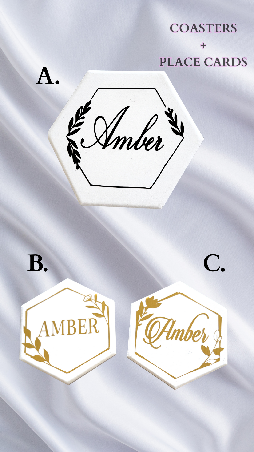 Ceramic coasters that double as elegant wedding favors and personalized place cards — a stylish, functional detail your guests will love and keep.