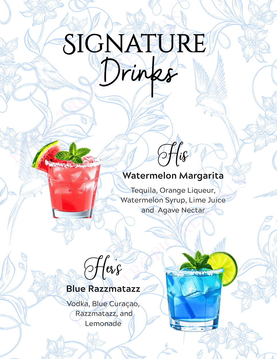 Menu titled 'Signature Drinks' with two cocktail options: 'His Watermelon Margarita' and 'Hers Blue Razzmatazz'. The Watermelon Margarita is red with watermelon, mint, and a lime, while the Blue Razzmatazz is blue with lime, mint, and ice.