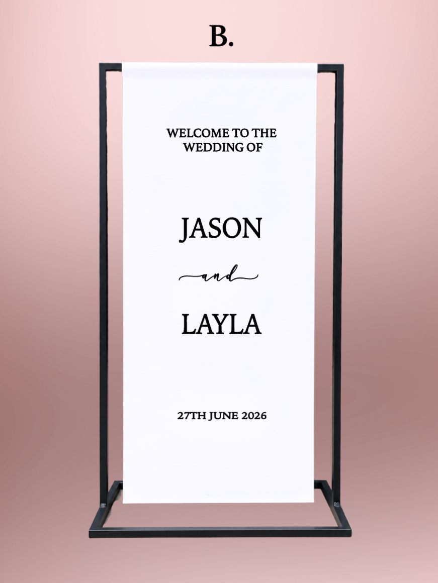 Elegant wedding fabric welcome sign with custom names, wedding date, and personalized design, creating a beautiful statement piece for wedding entrances and receptions.