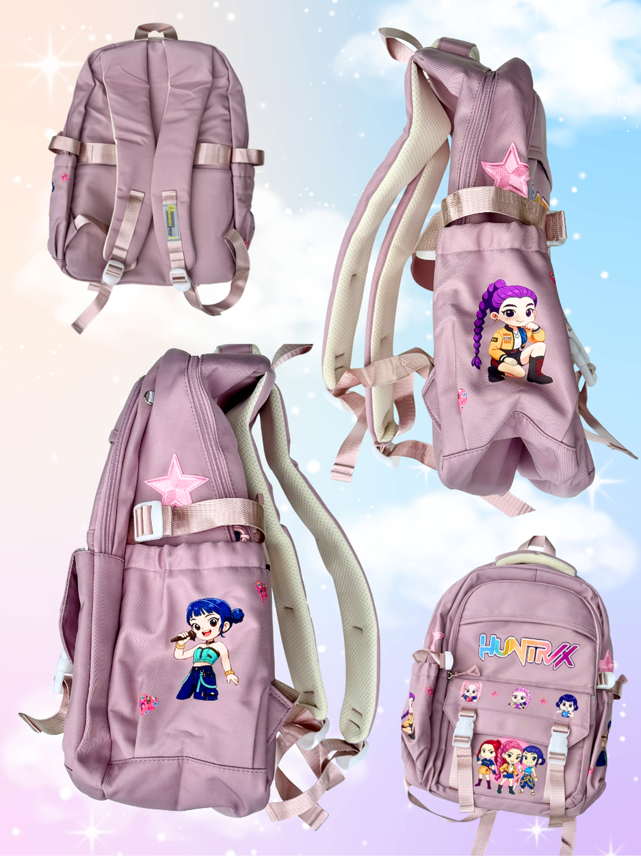Girls Huntrix K-Pop Demon Hunters school backpack in dust pink featuring anime-inspired characters, personalized design, and spacious storage, perfect for school, travel, and K-pop fans