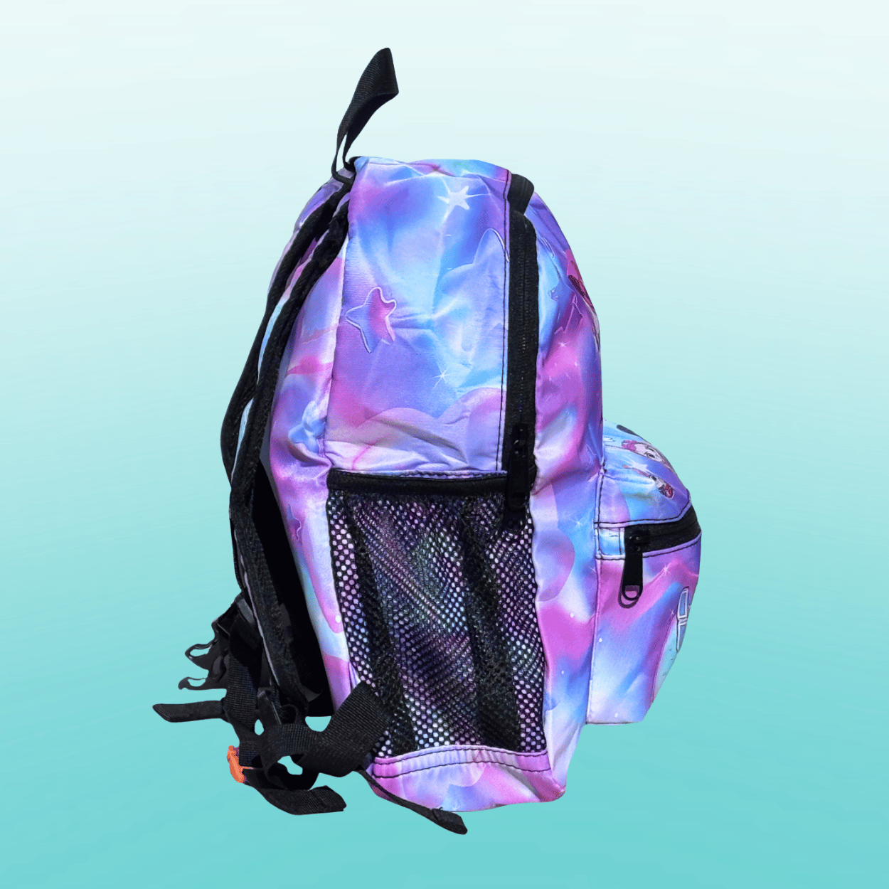 K-Pop Demon Hunters Huntrix girls mini backpack in purple, compact kids school bag with adjustable straps and front zip pocket.