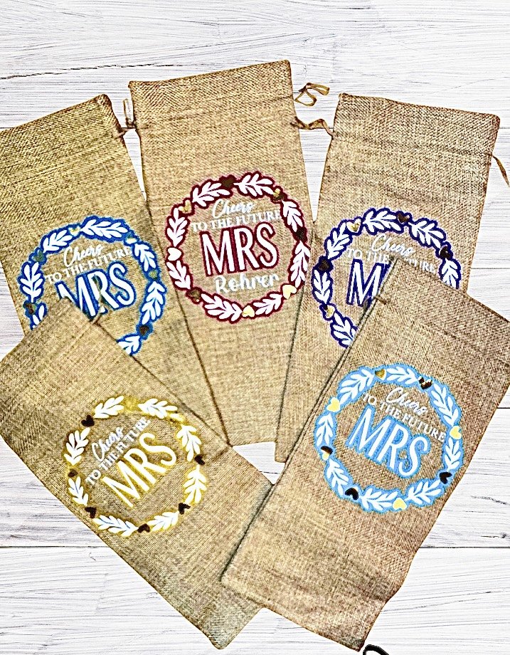 Personalized Burlap Wine Gift Bag - Cheers to the future Mrs (Name)
