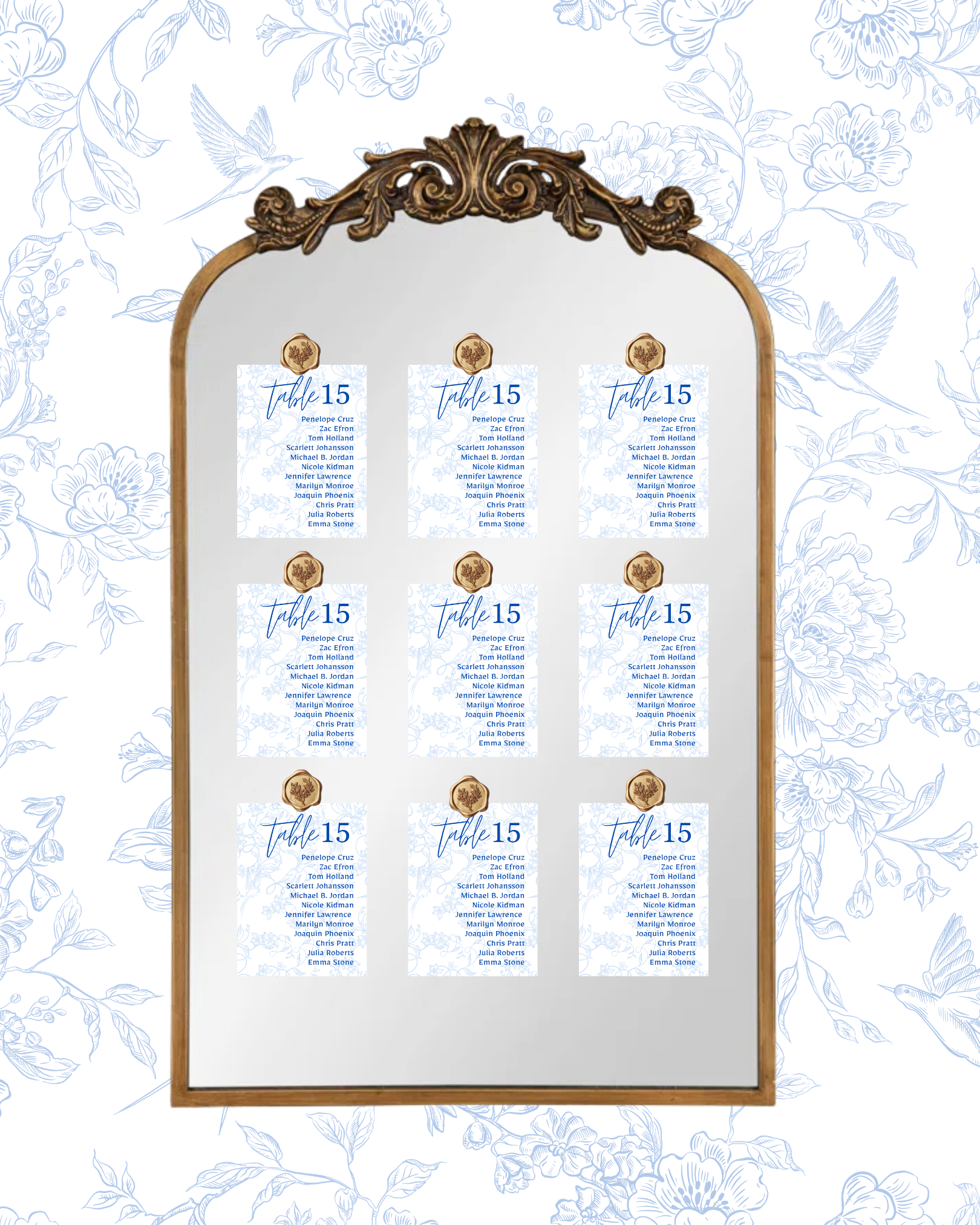 Blue Bird Garden wedding seating chart cards with wax seal printed on premium cardstock for botanical wedding reception décor.