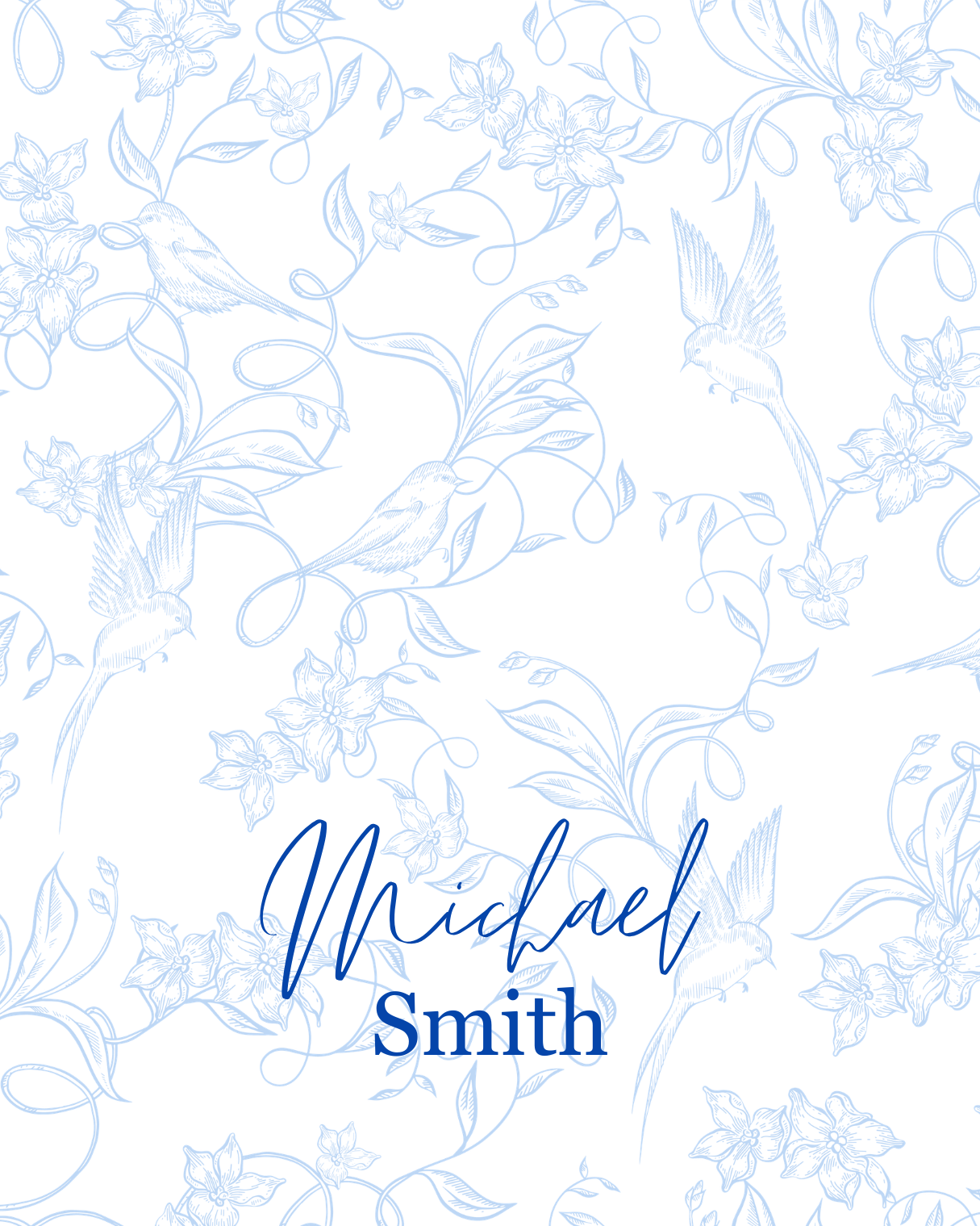 Elegant blue bird garden place cards with soft botanical details, printed on premium cardstock for a romantic wedding table setting