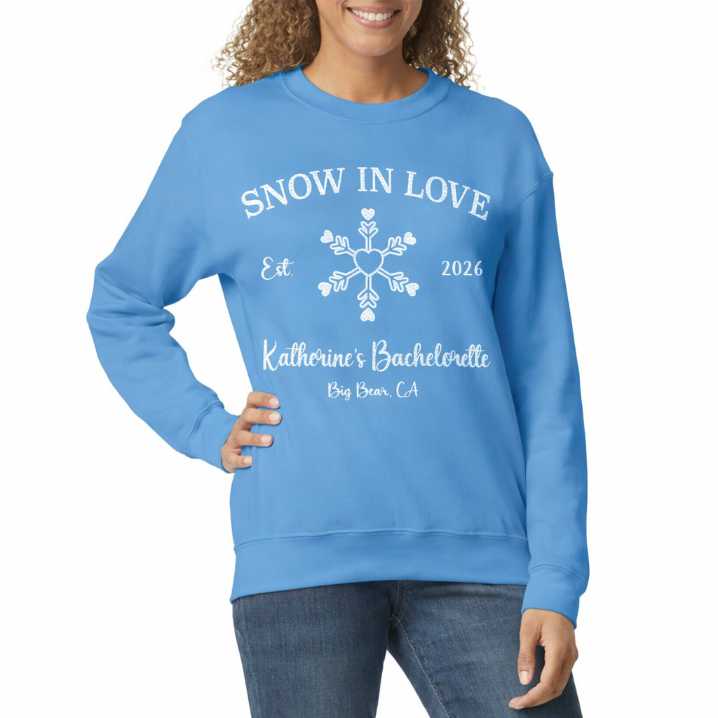Snow In Love winter bachelorette sweatshirt, cozy unisex bride and bridal party crewneck for ski trip and snowy bach weekend