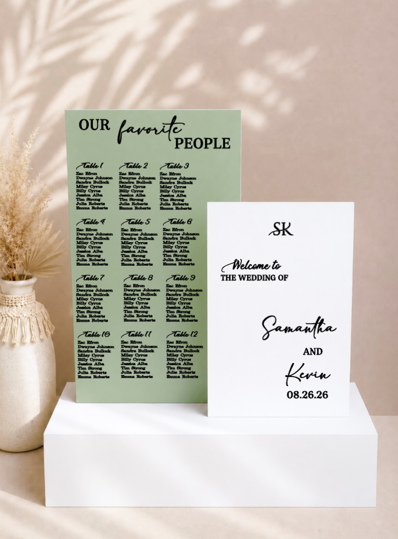 Elegant dual board wedding welcome sign and seating chart with personalized wedding décor.