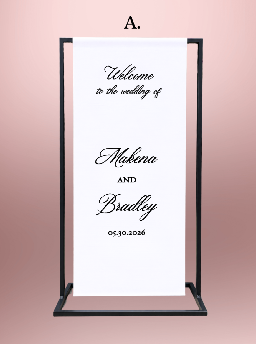 Personalized fabric wedding welcome sign, custom wedding signage with names and date, perfect for wedding ceremonies, receptions, bridal events, and luxury wedding décor.