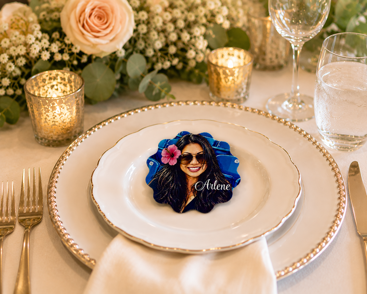Custom wedding photo magnet used as a place card and favor