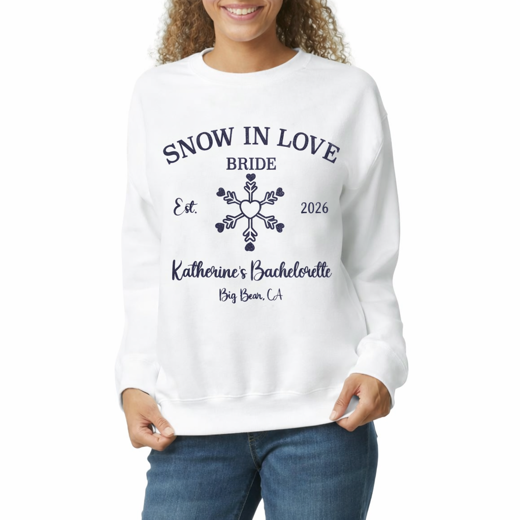 Snow In Love winter bachelorette sweatshirt, cozy unisex bride and bridal party crewneck for ski trip and snowy bach weekend