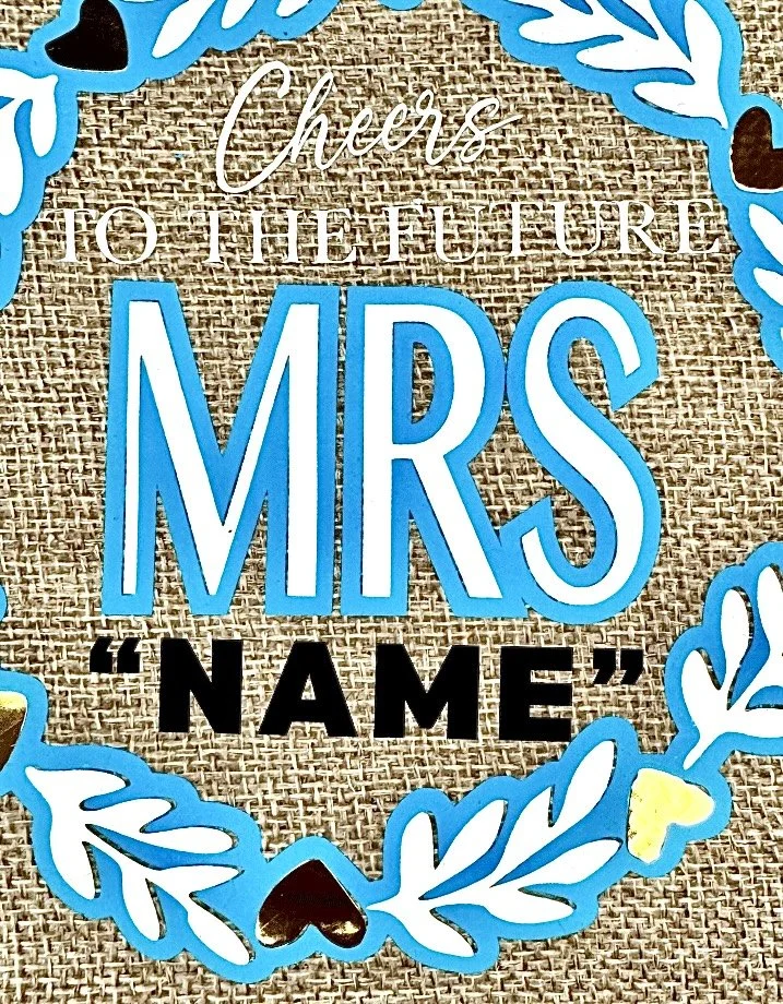 Personalized burlap wine gift bag featuring “Cheers to the Future Mrs” with custom name