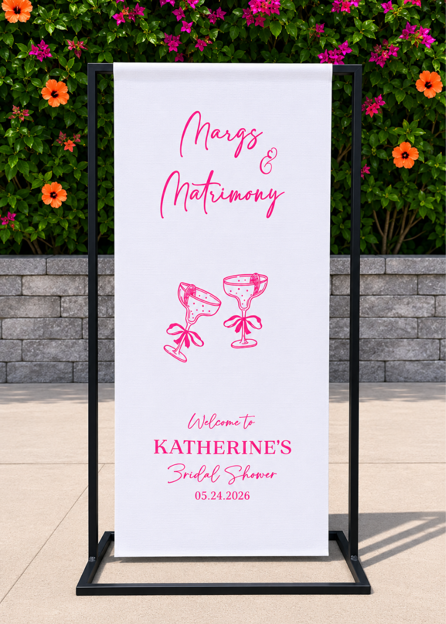 Personalized pink Margs & Matrimony fabric welcome sign for bridal showers, featuring custom names, event date, and margarita-inspired décor, perfect for bridal brunches, bachelorette parties, and celebrations.
