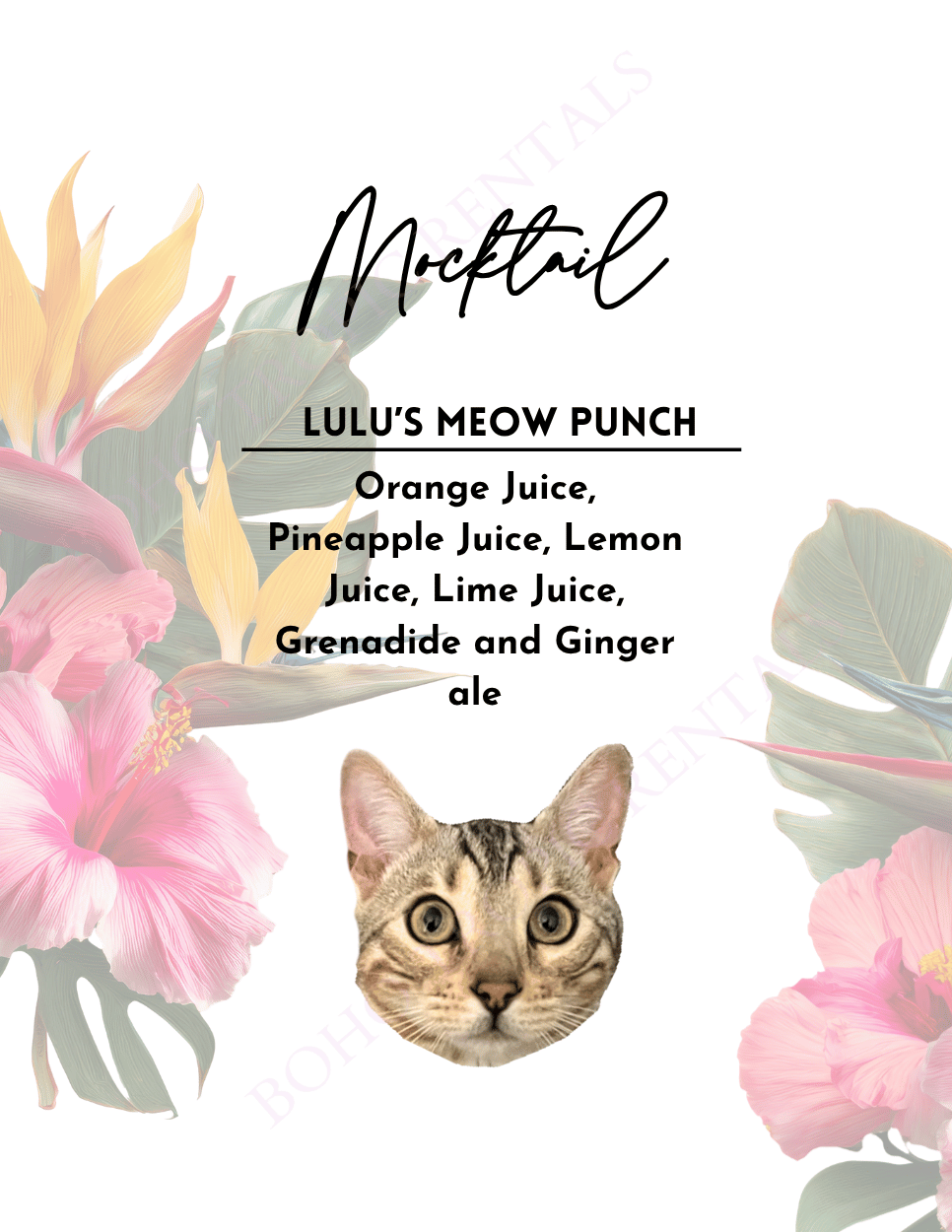 A tropical themed menu for a cocktail called Lulu's Meow Punch, listing ingredients such as orange juice, pineapple juice, lemon juice, lime juice, grenadine, and ginger ale, with a picture of a cat's face at the bottom center.