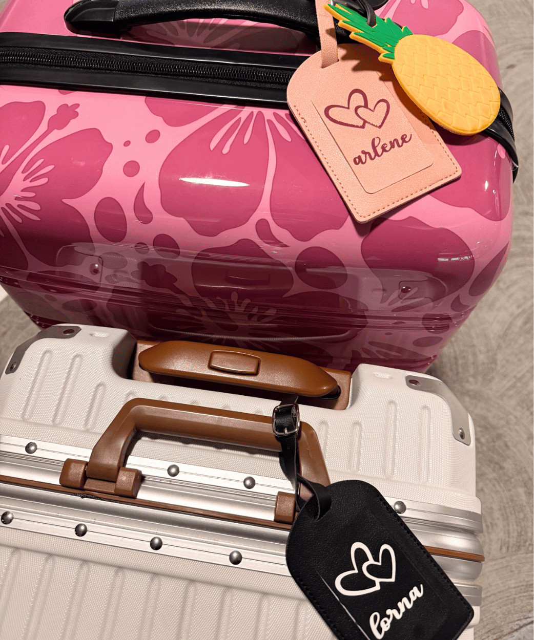 Personalized travel luggage tags for best friends with custom names and stylish matching designs perfect for vacations and girls trips.