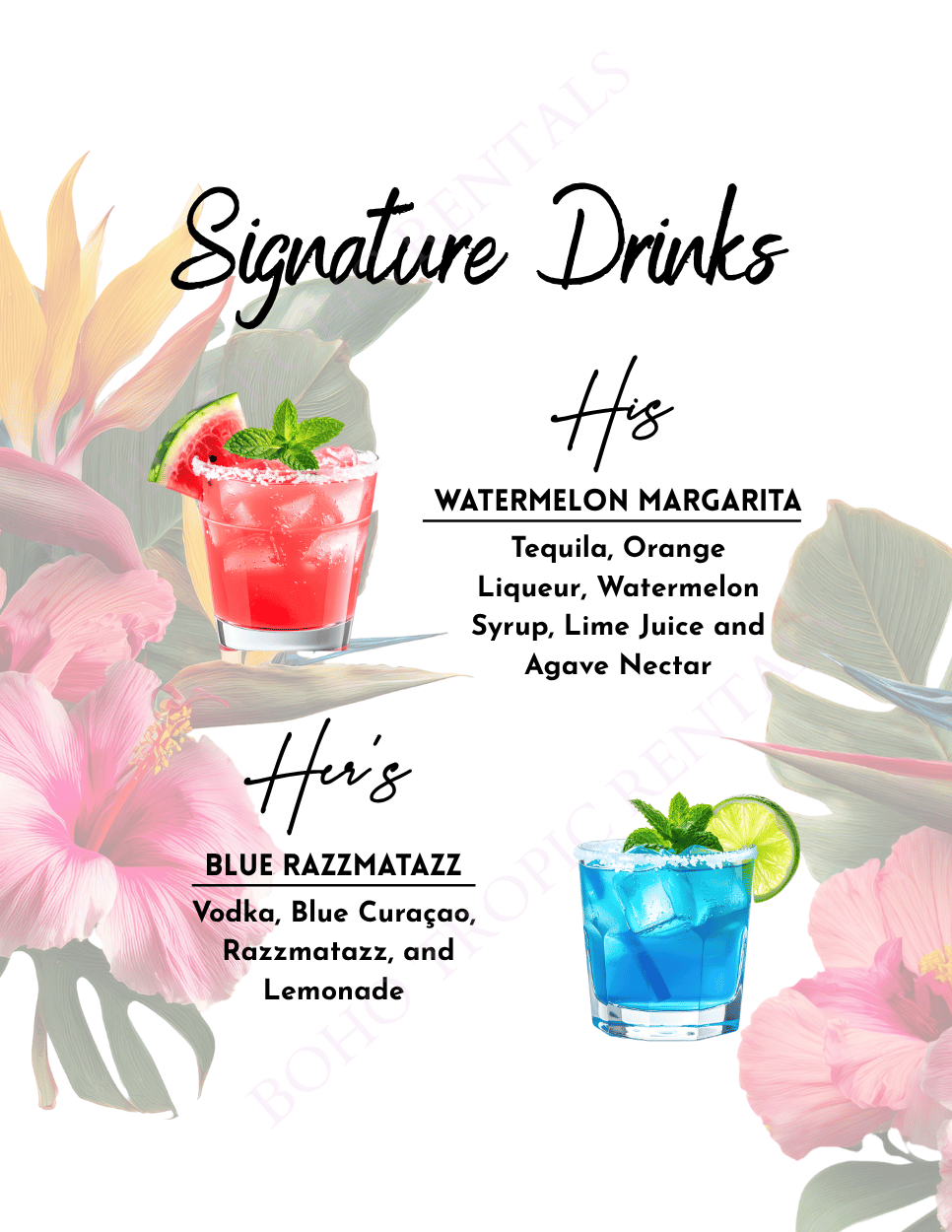 Tropical menu listing signature drinks, featuring a watermelon margarita and a blue razzmatazz, with decorative flowers in background.