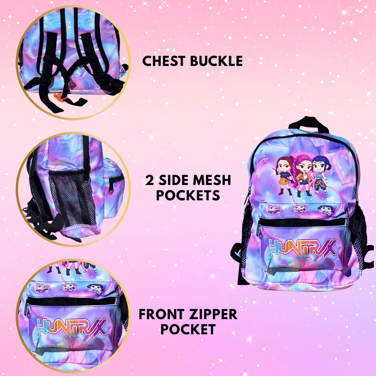 K-Pop Demon Hunters Huntrix girls mini backpack in purple, compact kids school bag with adjustable straps and front zip pocket.