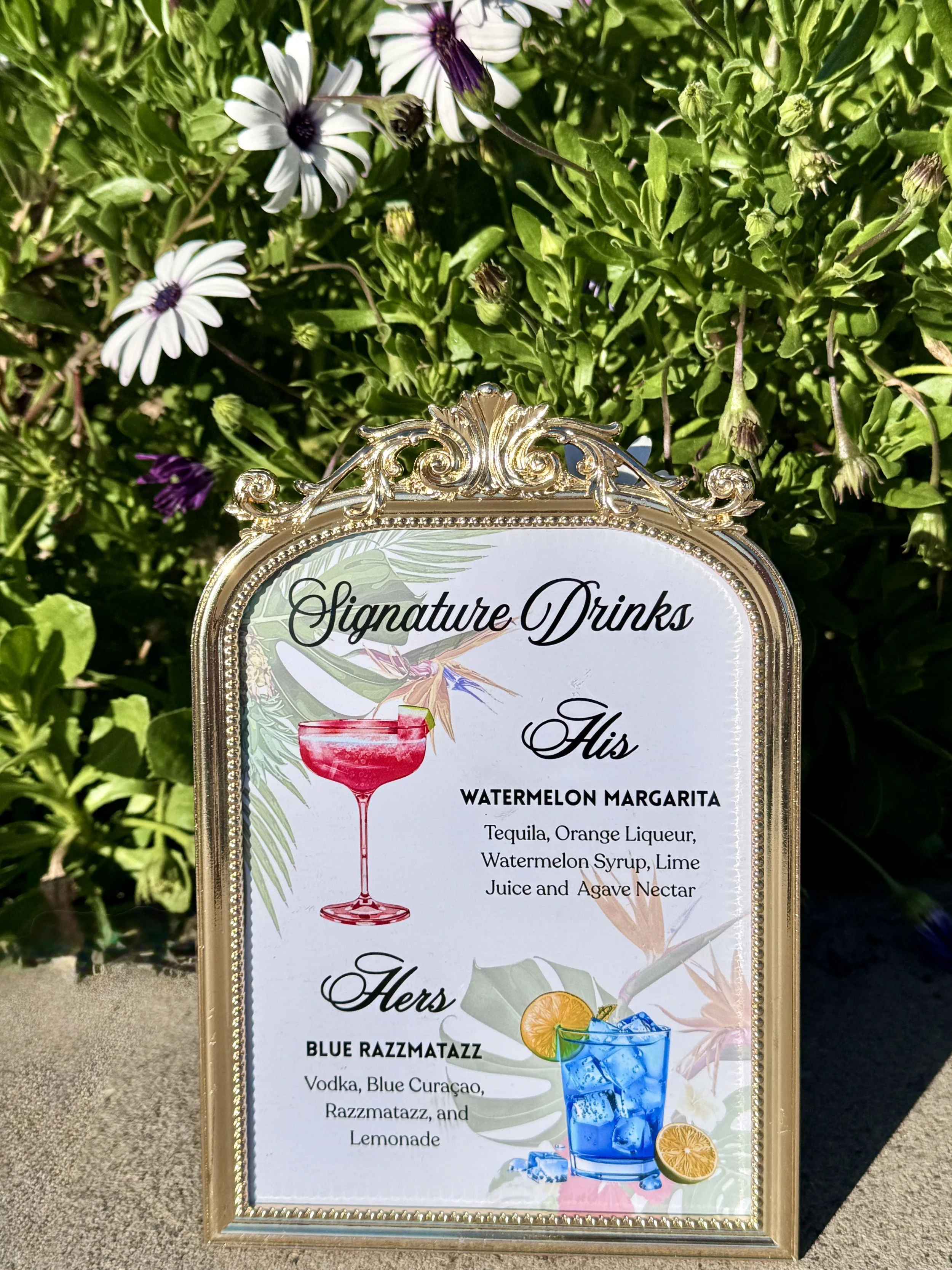 Sign with menu items for signature drinks at an outdoor venue, featuring Watermelon Margarita and Blue Razzmatazz cocktails with colorful illustrations of the drinks and garnishes, surrounded by green foliage and purple flowers.