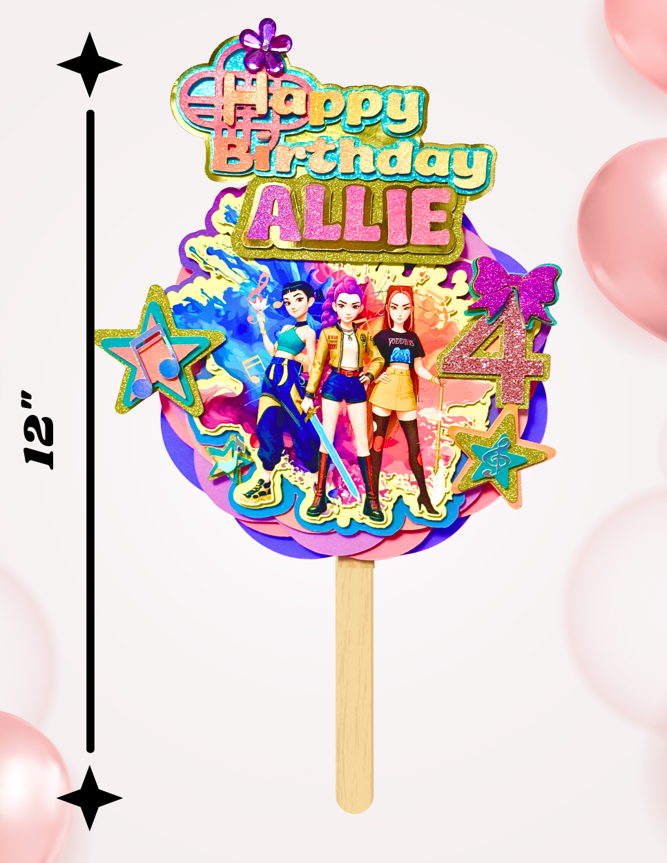 Personalized 3D Huntrix Kpop Demon Hunters birthday cake topper with vibrant anime-inspired details and custom name