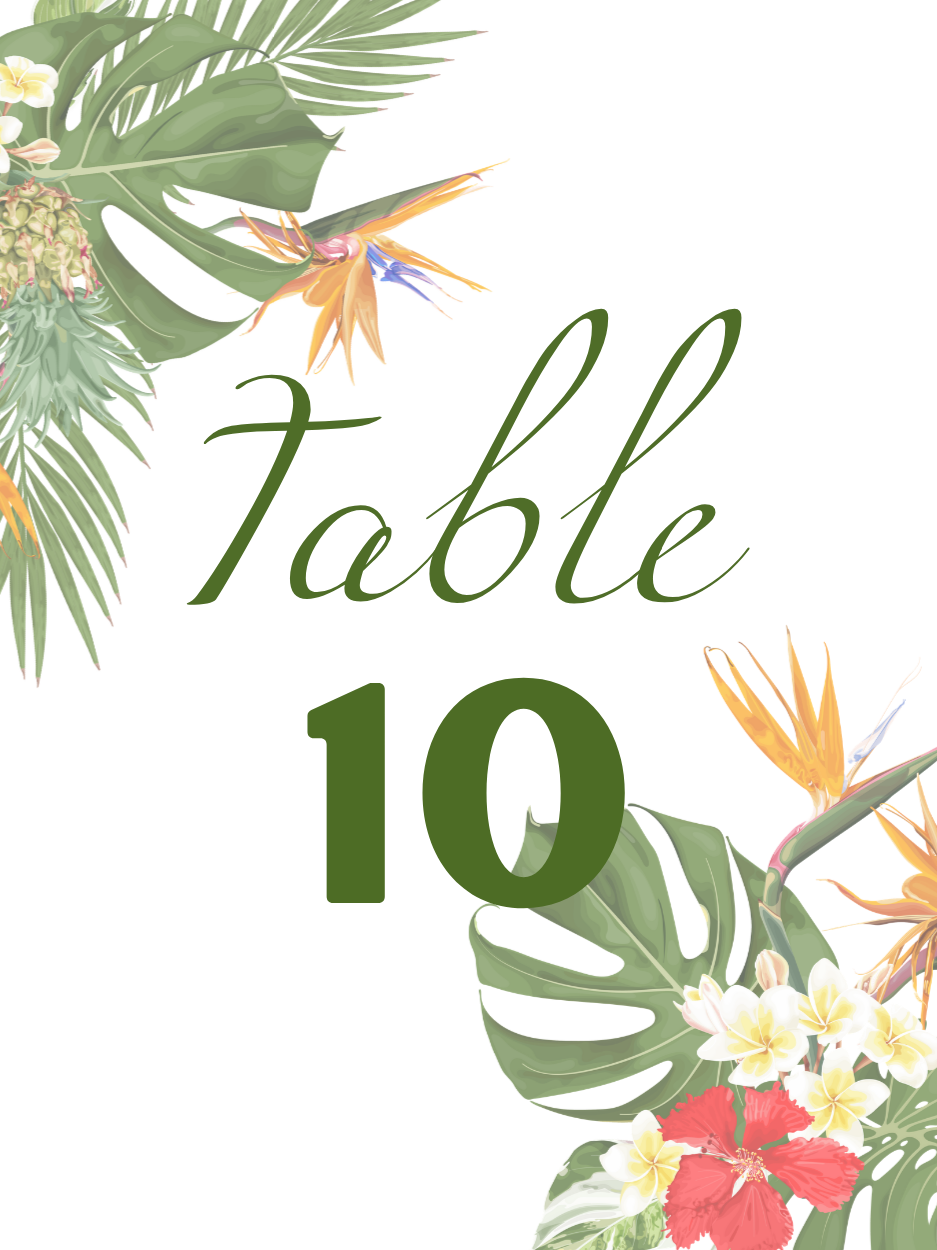 Birds of Paradise wedding table number printed on premium 110lb cardstock with vibrant tropical florals, displayed in a wooden block holder, perfect for a San Diego beach or garden wedding.