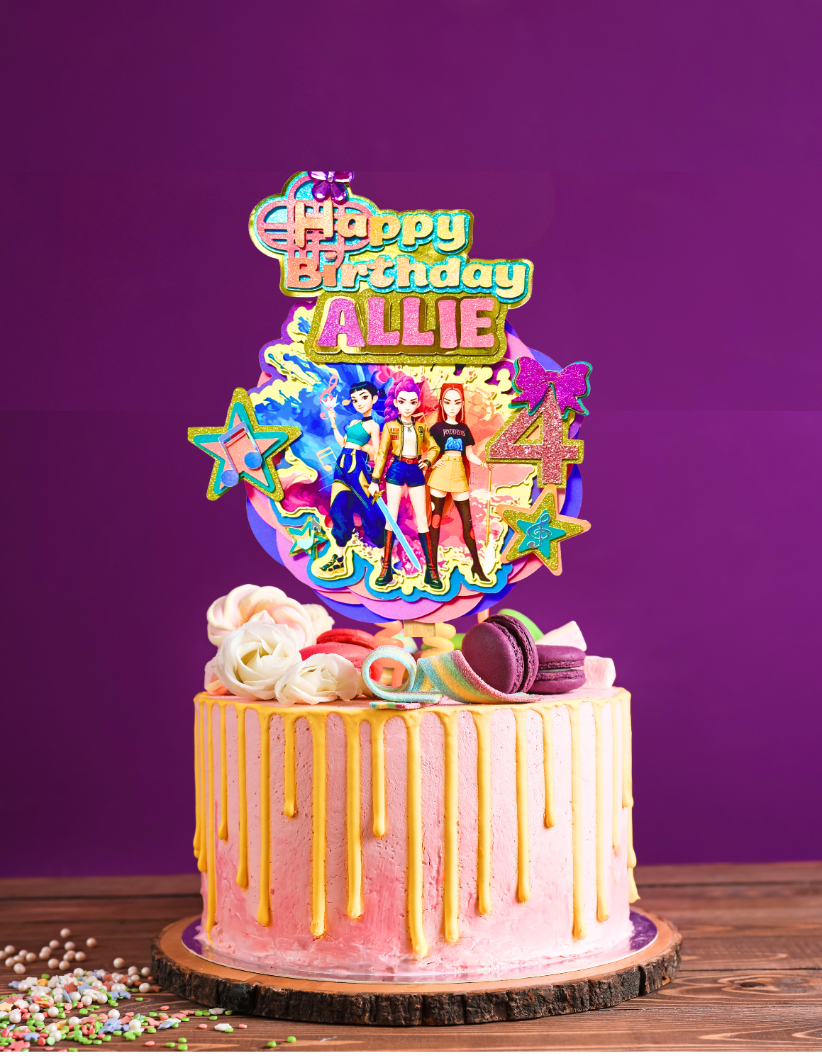 Personalized 3D Huntrix Kpop Demon Hunters birthday cake topper with vibrant anime-inspired details and custom name