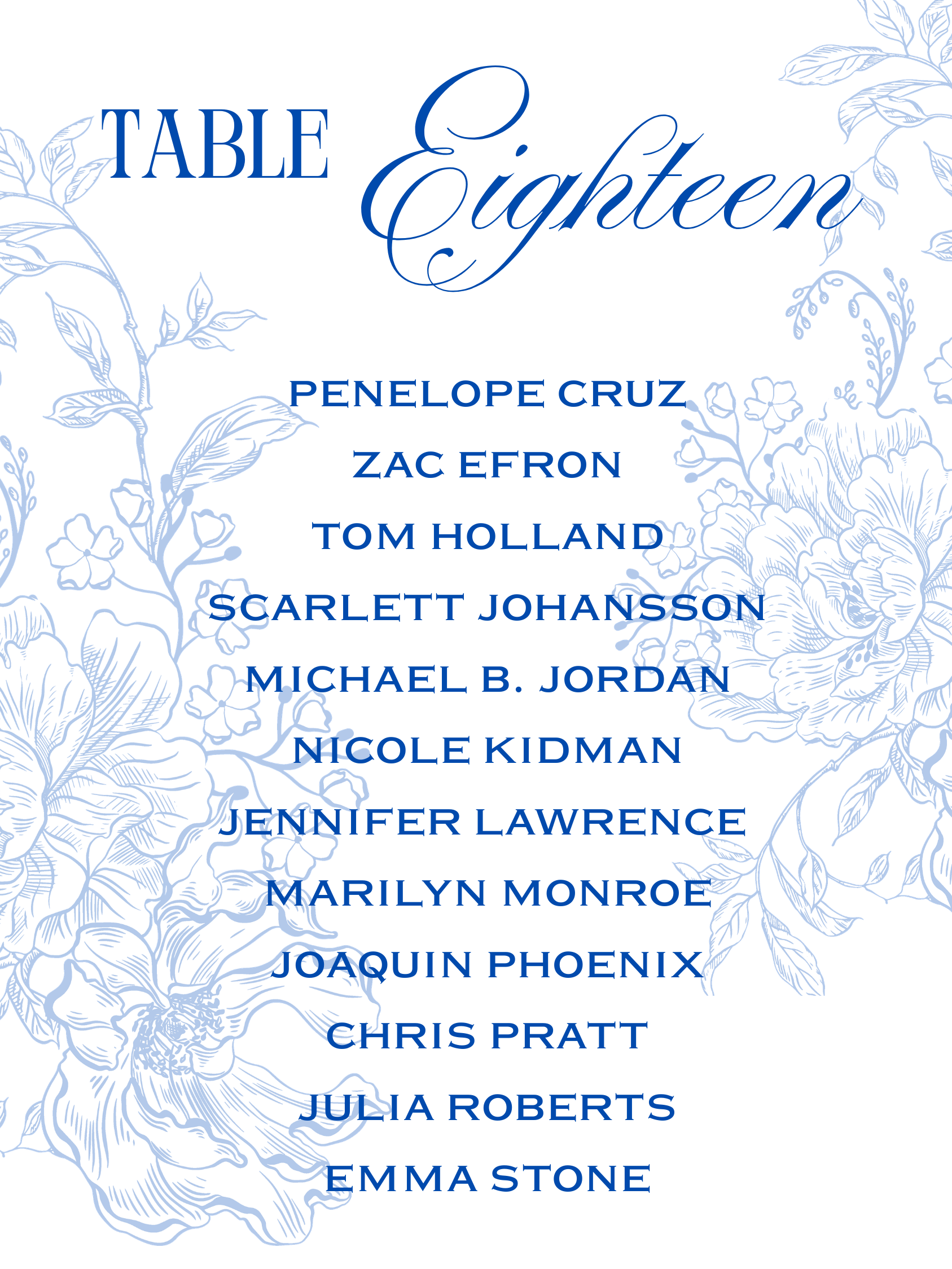 Blue Garden wedding seating chart cards with wax seal printed on premium cardstock for botanical wedding reception décor.