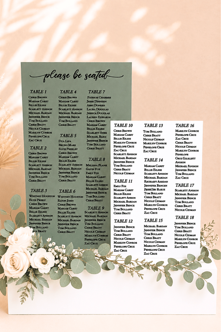 Custom wedding seating chart display with personalized guest seating assignments and elegant event décor.