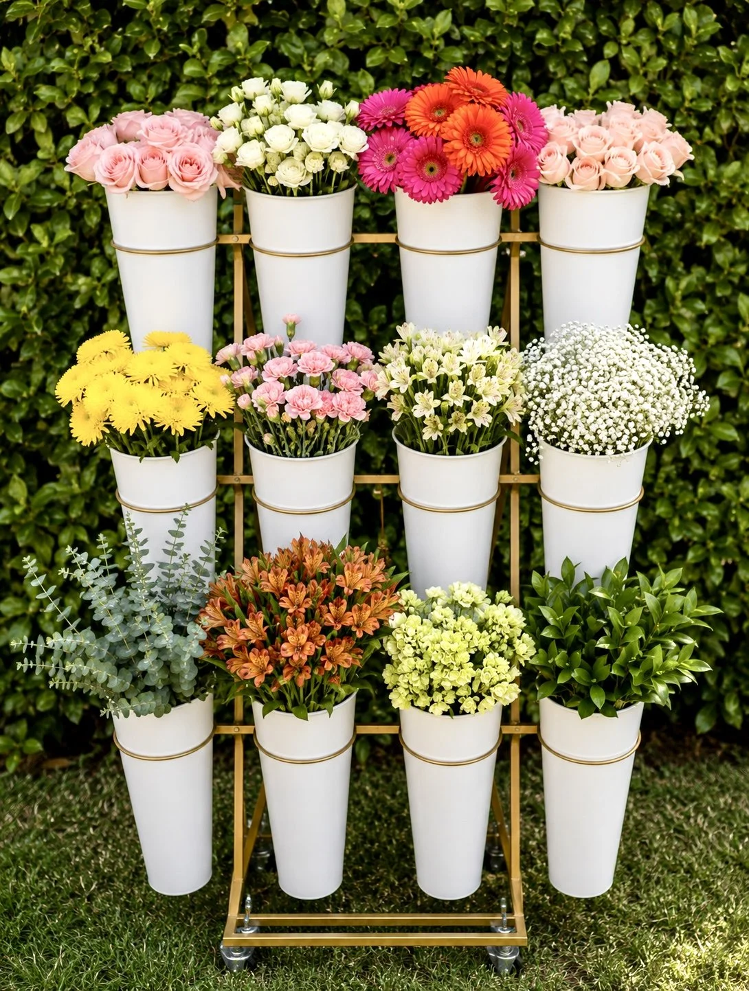 twelve white containers that hold a variety of flowers and greens for a flower bloom bar on a gold stand