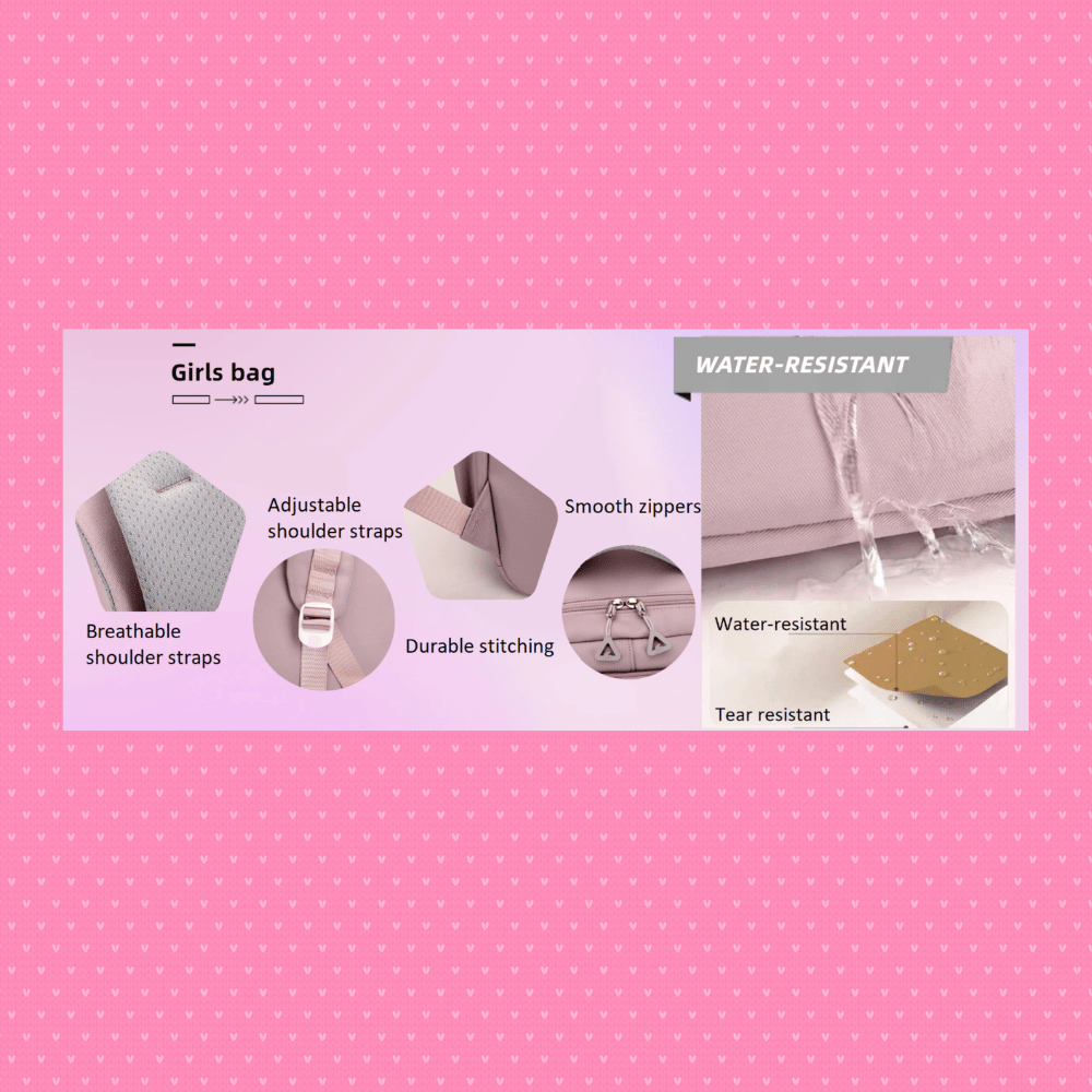 Huntrix girls dusky pink K-Pop Demon Hunters school backpack with laptop compartment, anti-theft back pocket, and multiple storage pockets.