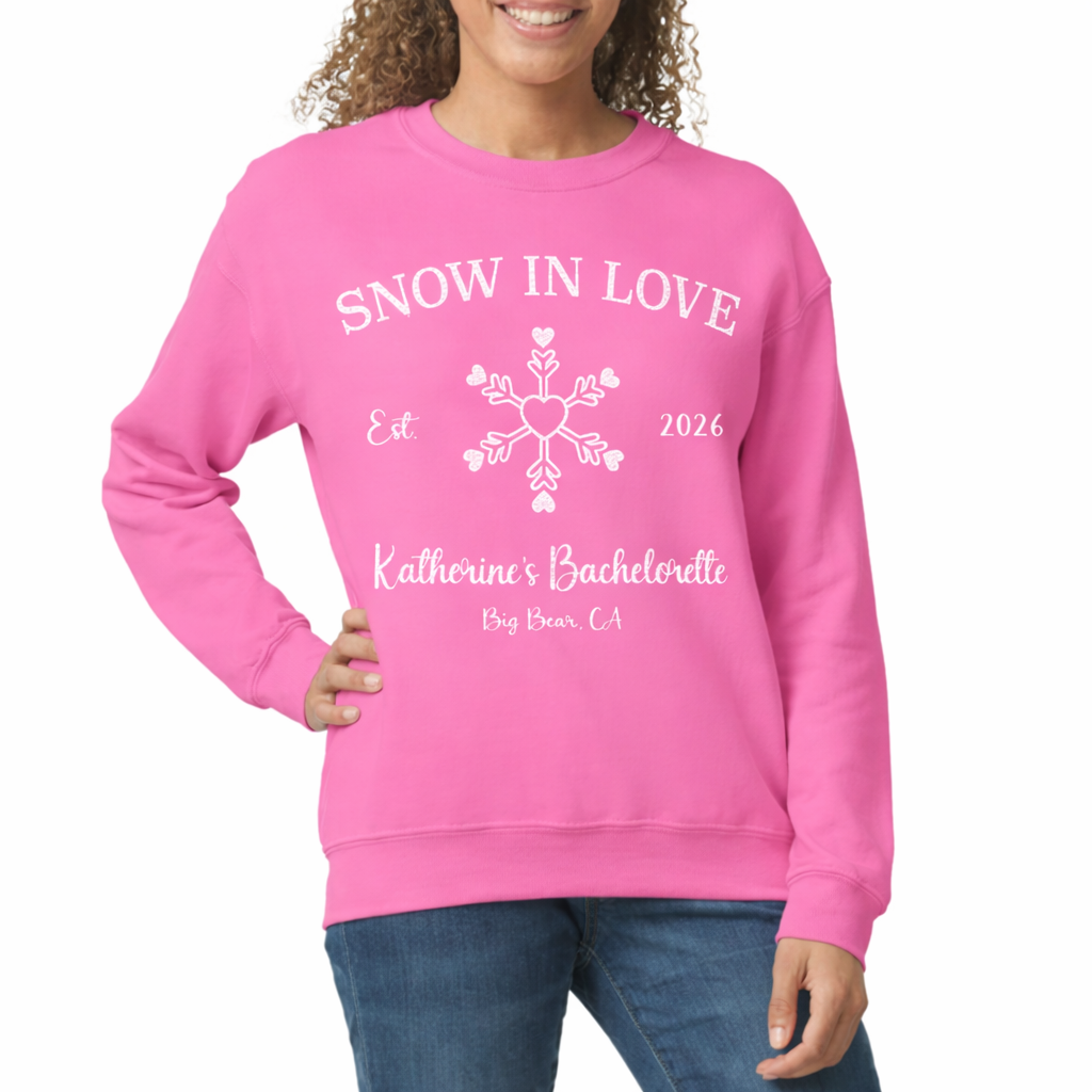 Snow In Love winter bachelorette sweatshirt, cozy unisex bride and bridal party crewneck for ski trip and snowy bach weekend