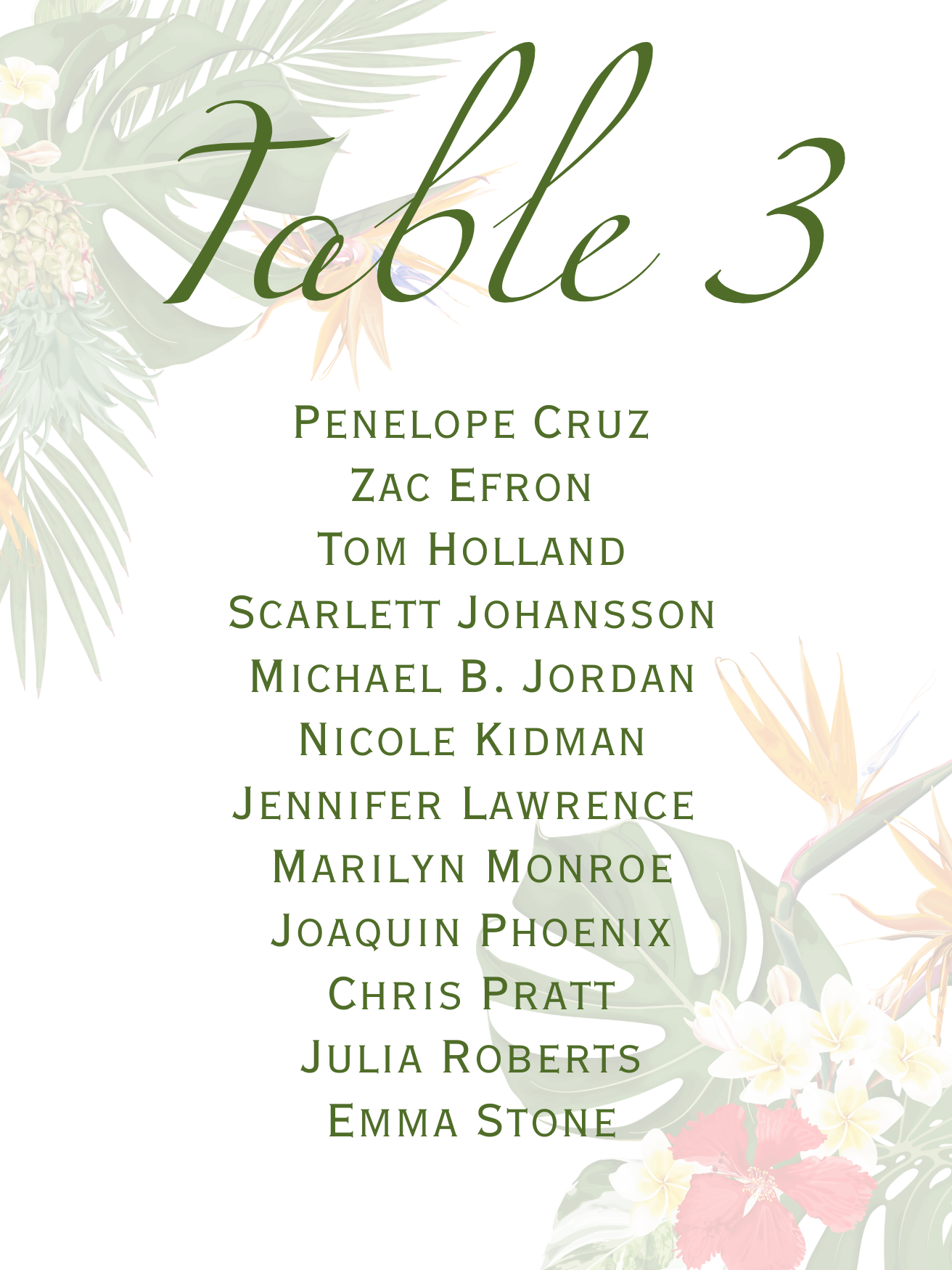 Birds of paradise tropical wedding seating chart cards with wax seal.