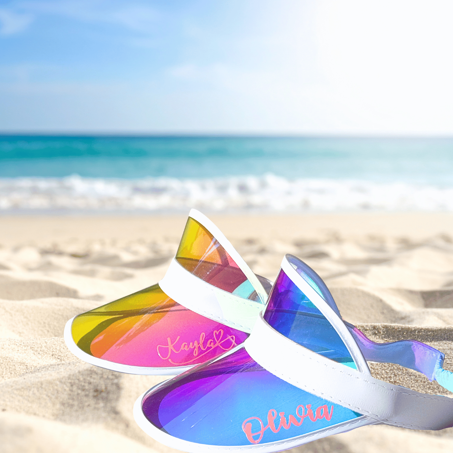 Personalized bachelorette sun visor hats customized with names, perfect for bridal party and bachelorette celebrations