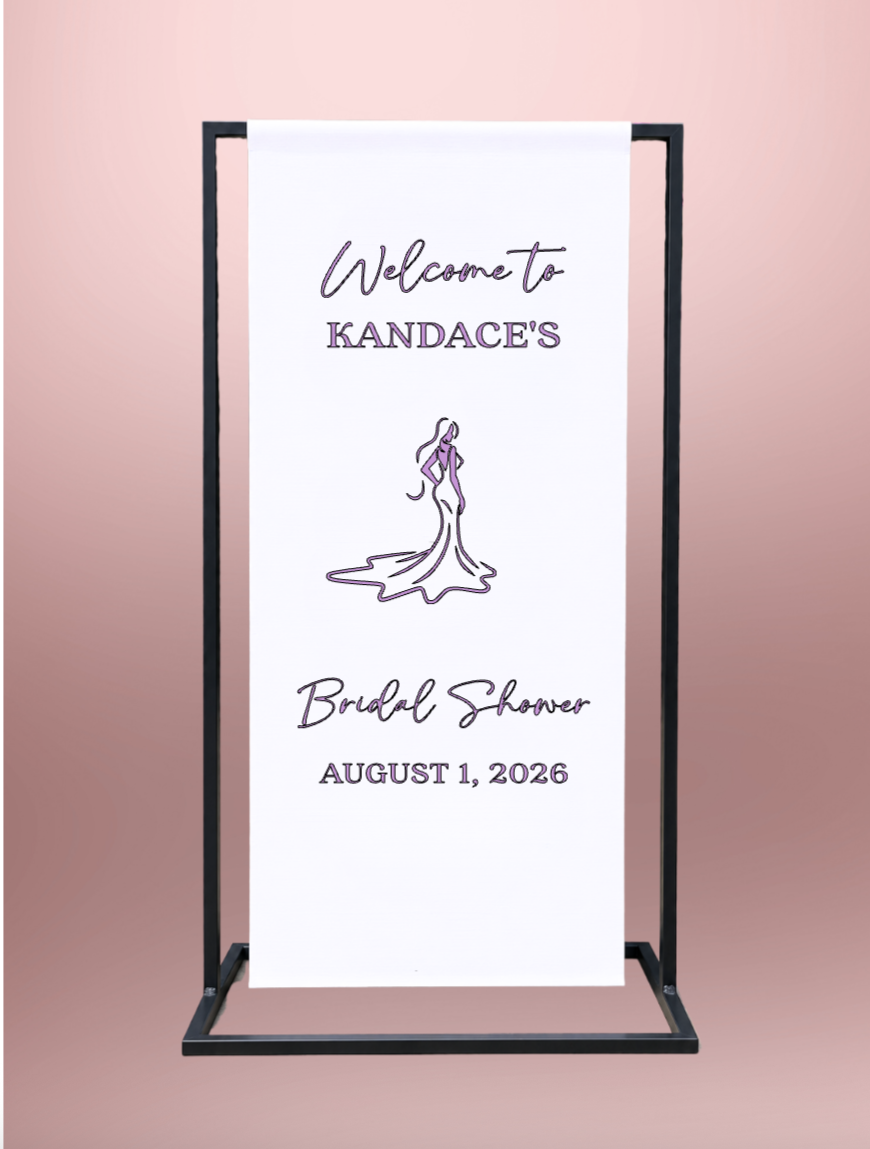 Personalized bridal shower fabric welcome sign featuring custom names, event date, and elegant design, perfect for welcoming guests and creating a beautiful bridal shower entrance.