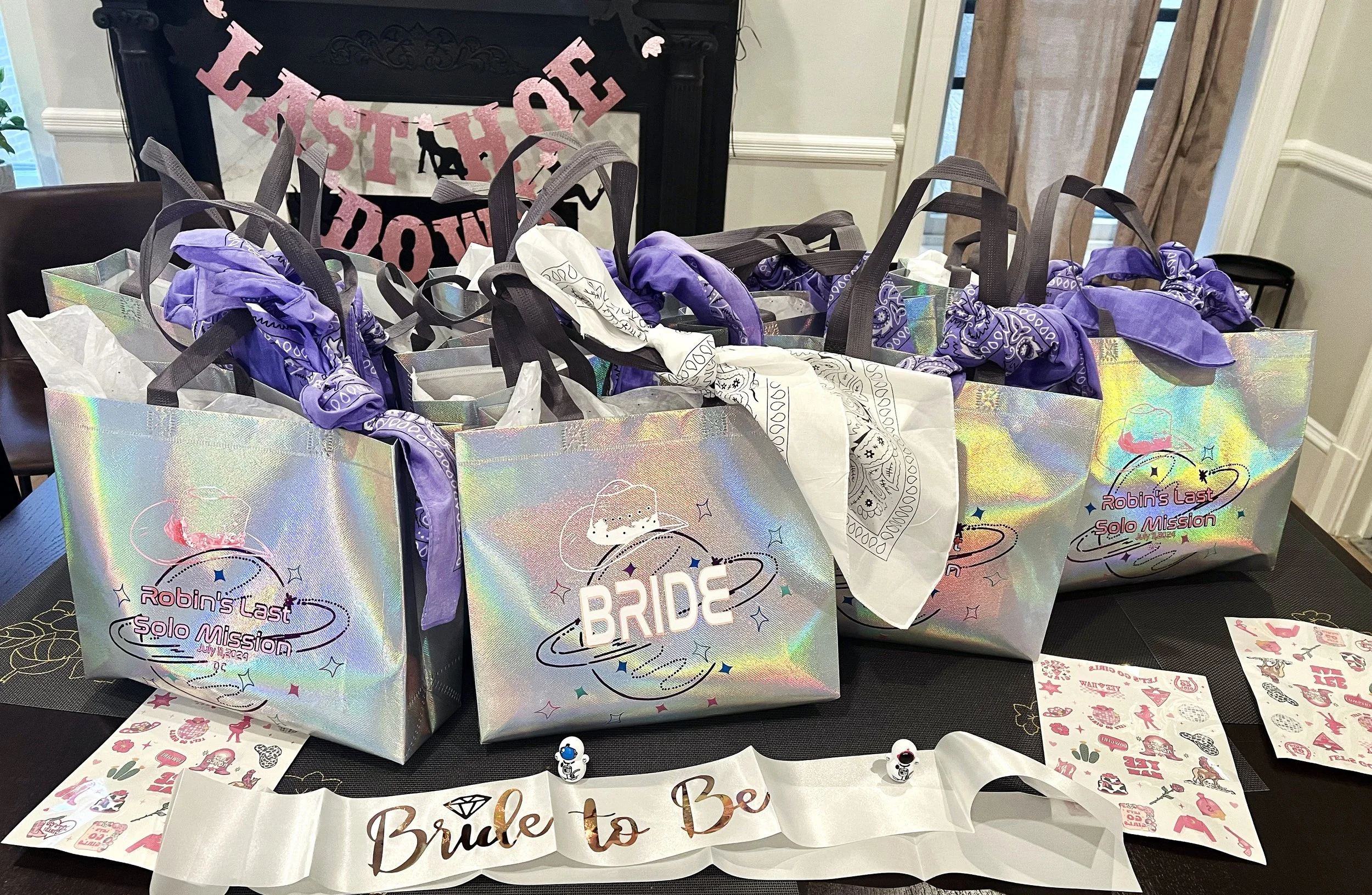 Personalized holographic space cowgirl bachelorette gift bags for party favors