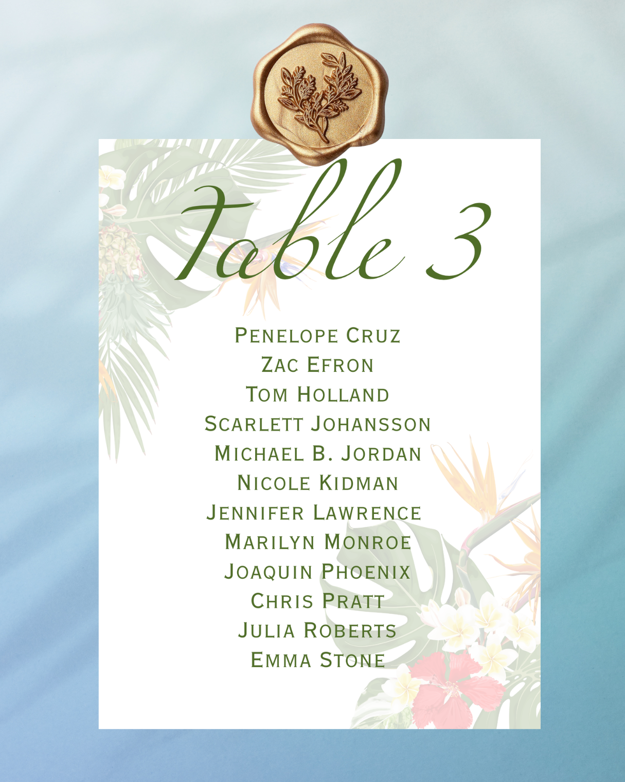 Birds of paradise tropical wedding seating chart cards with wax seal.