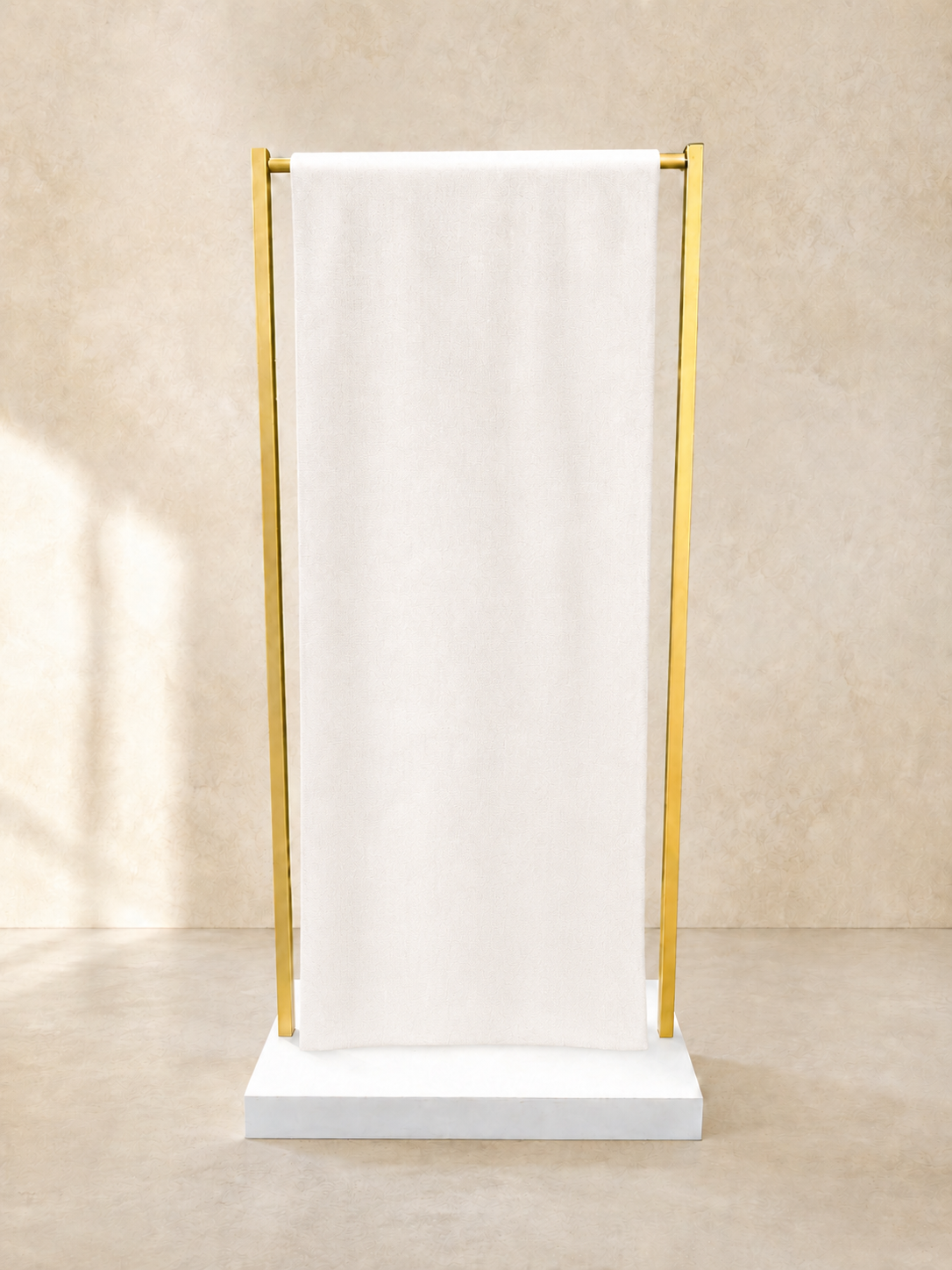 Classic fabric welcome sign displayed on an elegant gold stand for a wedding or special event.