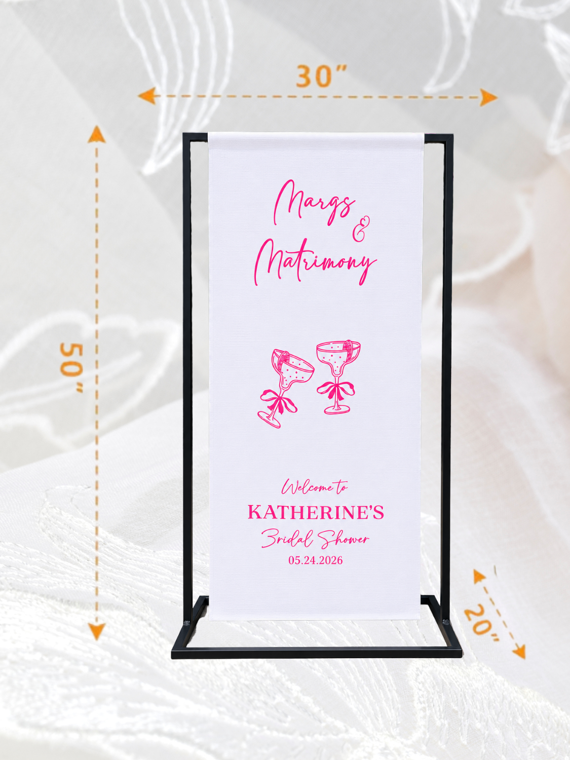 Personalized wedding fabric welcome sign featuring custom names, wedding date, and elegant design, perfect for ceremony entrances, receptions, and wedding décor.