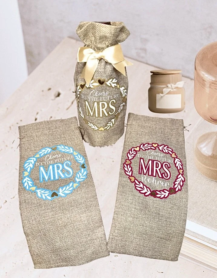 Personalized burlap wine gift bag featuring “Cheers to the Future Mrs” with custom name