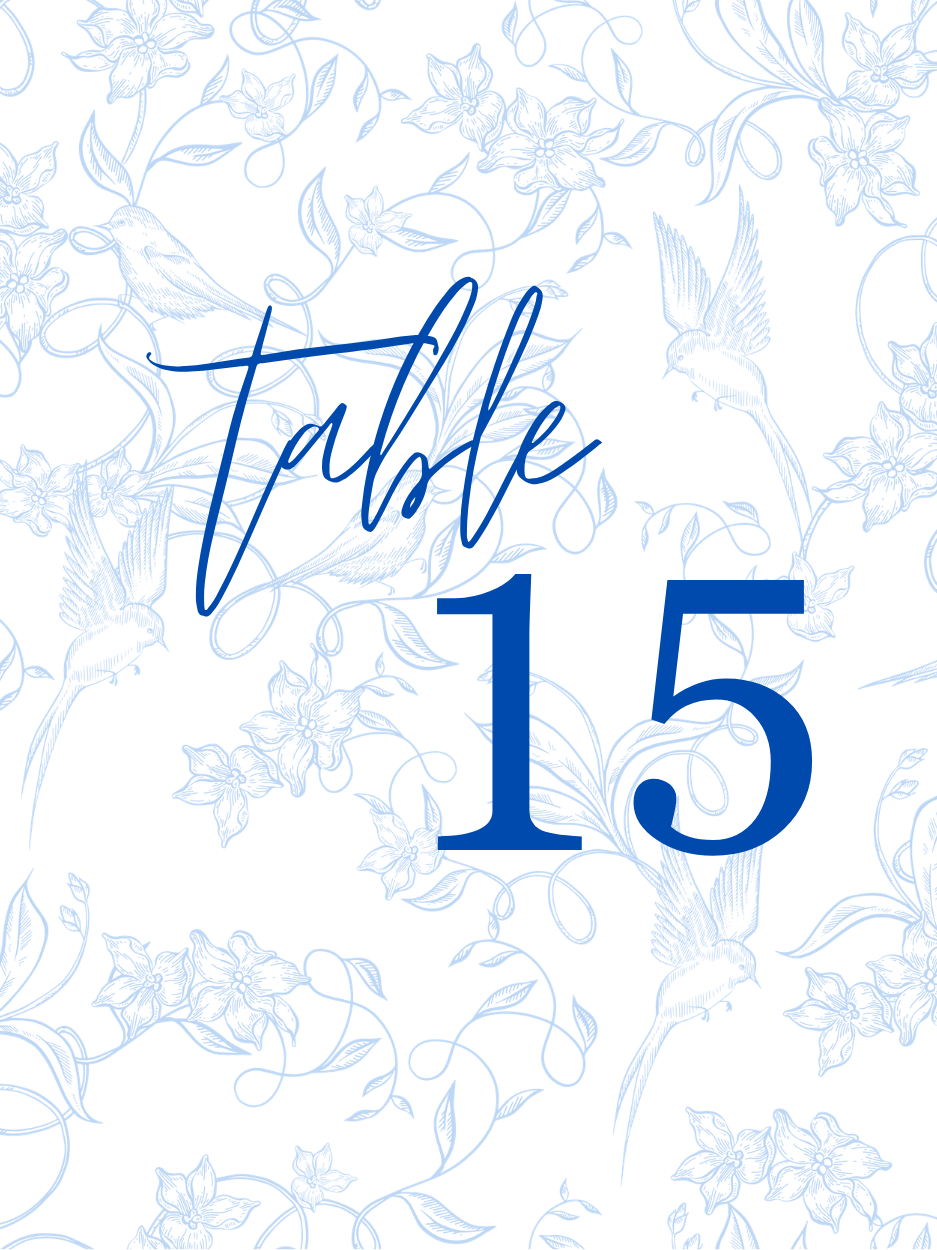 Blue Bird Garden wedding table numbers with wooden holders, premium cardstock reception table numbers for garden weddings.