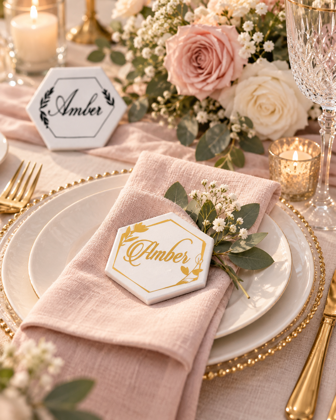 Coaster tile place cards serving as personalized wedding favors