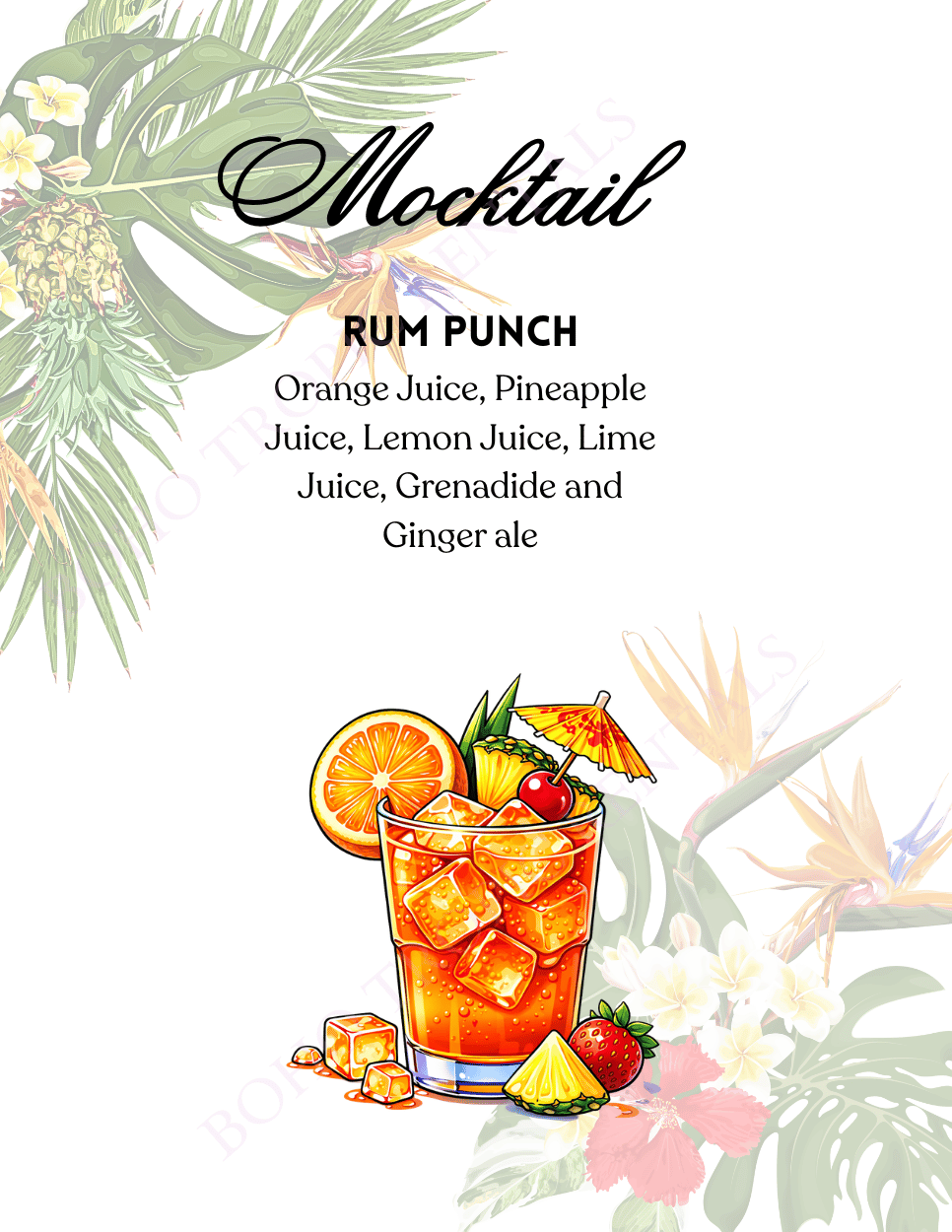 A tropical menu featuring a variety of cocktails, with a focus on a Rum Punch, displaying a colorful glass filled with ice and orange-colored liquid, garnished with an orange slice, cherry, and a small cocktail umbrella, set against a background of tropical flowers and greenery.