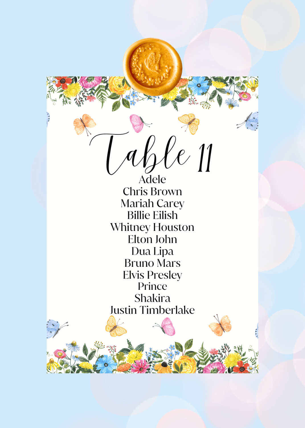 Quinceanera Butterfly themed printed seating chart card with guest names and gold butterfly wax seal