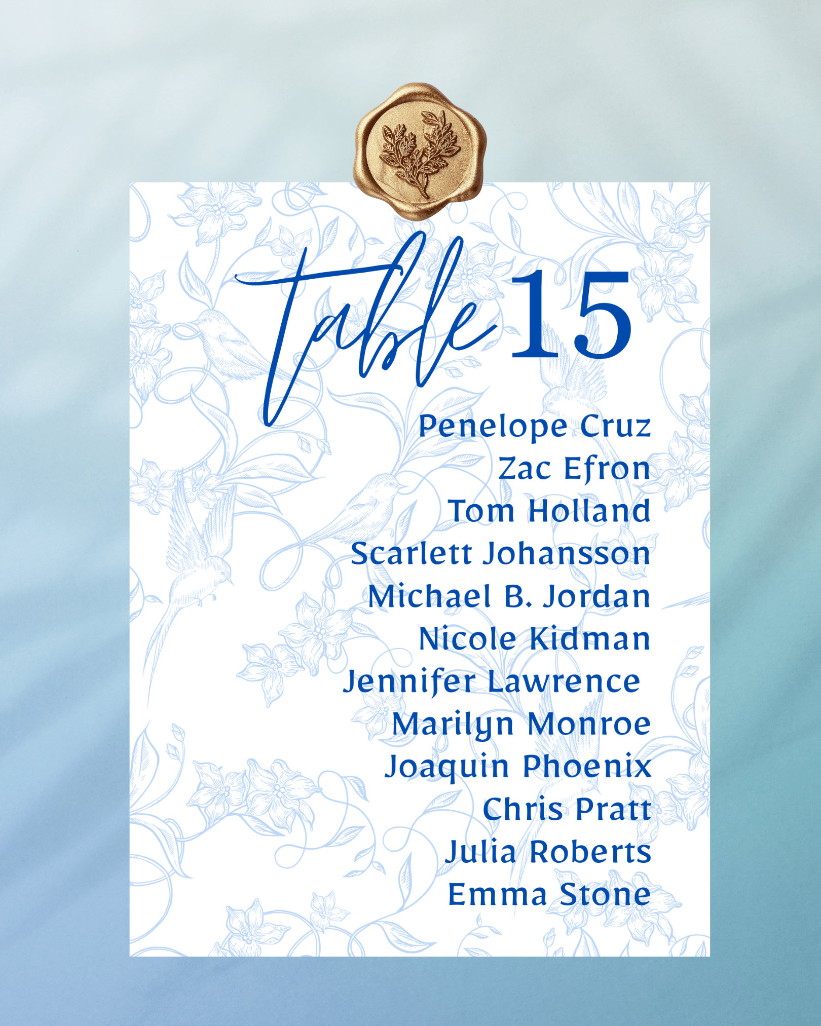 5 x 7" whiteth a blue flcardstock wioral design contains a list of names in blue text, topped with a large blue text that reads "Table 15". Guestlist of names  for a wedding