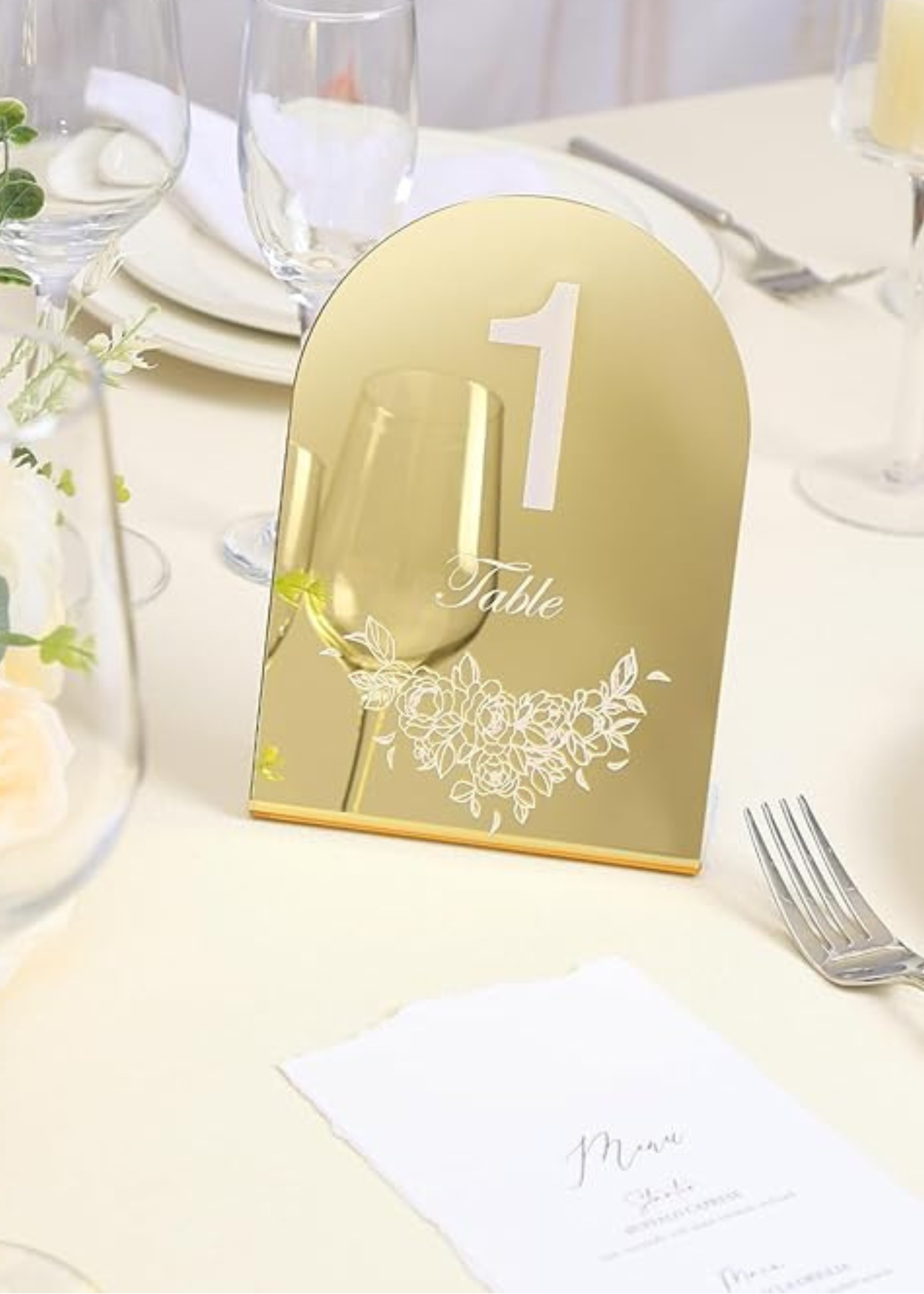 Gold Mirror Wedding Table Numbers Set (1–15) – 5x7 Acrylic Arch Signs with Stands