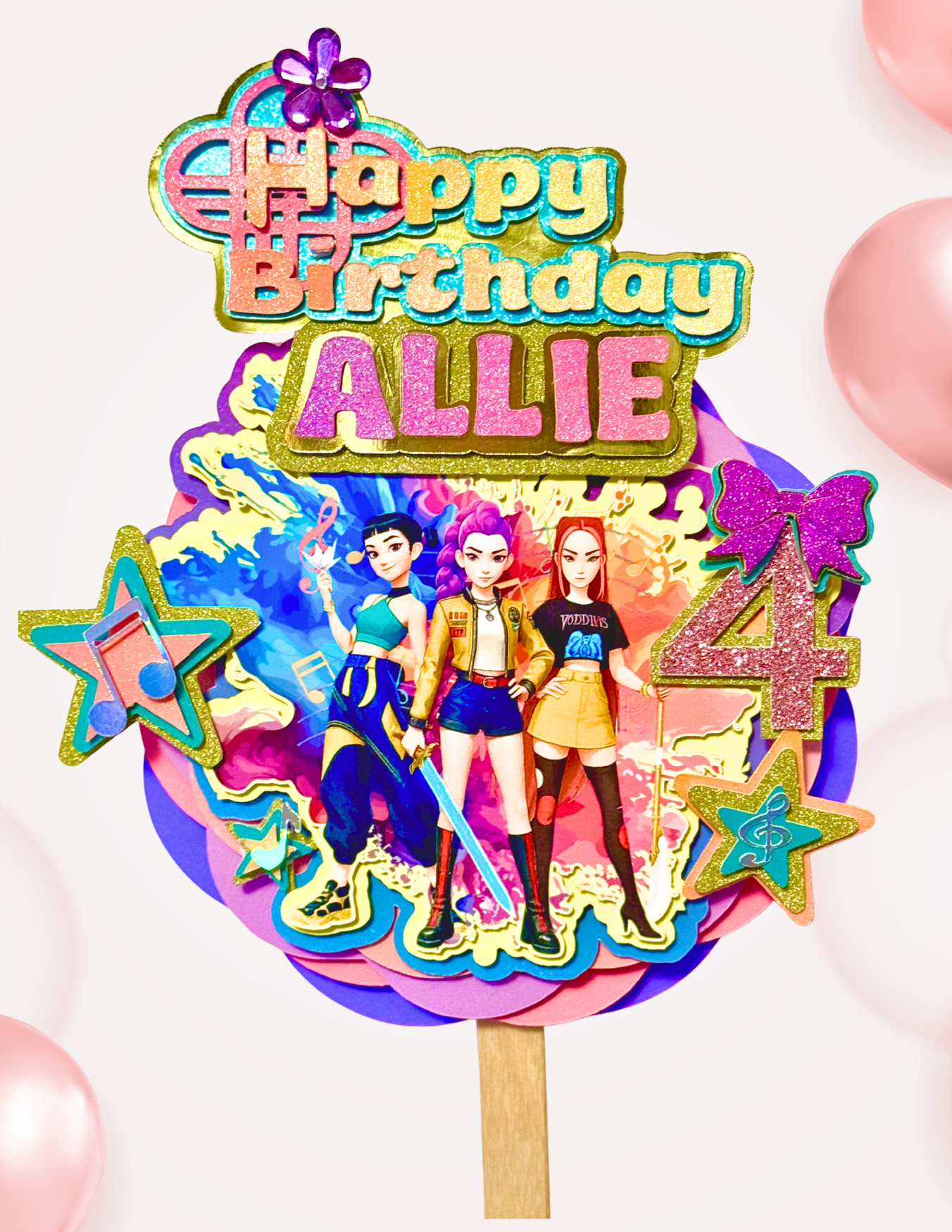 Personalized 3D Huntrix Kpop Demon Hunters birthday cake topper with vibrant anime-inspired details and custom name