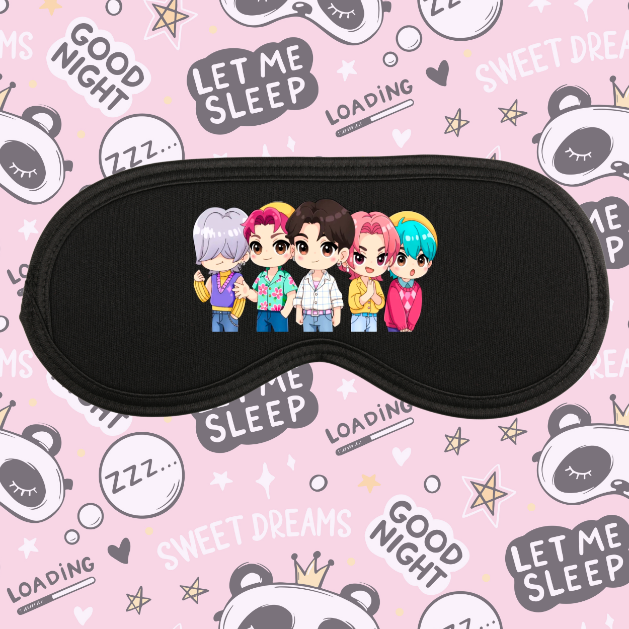 Kids Kpop Demon Hunters sleep eye masks featuring colorful anime-inspired designs and adjustable straps perfect for sleepovers, travel, naps, and K-pop fan gifts.
